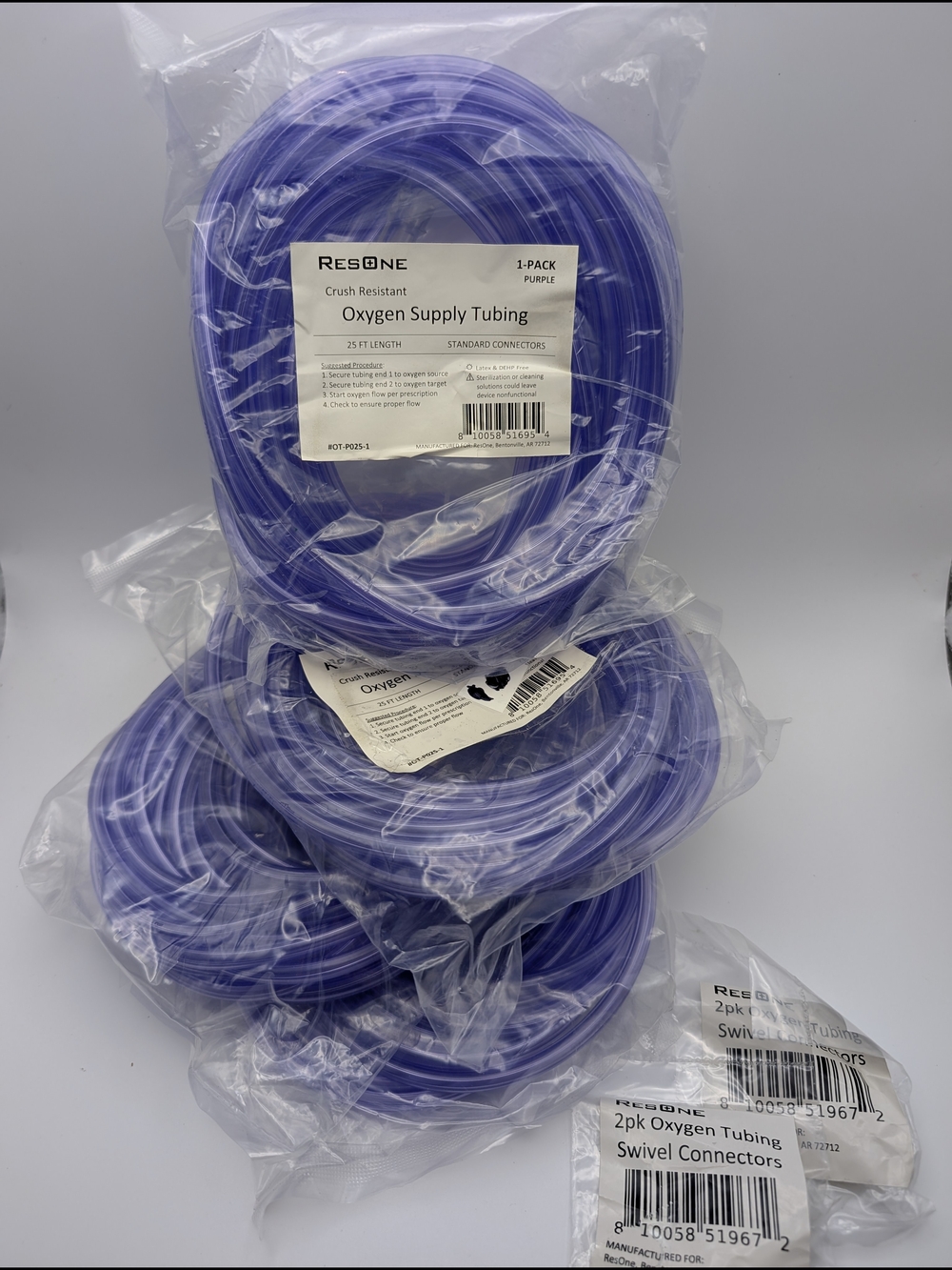 Four 25Ft Oxygen Supply Tubing & 2 Packs Of Swivel Connectors, Brand New